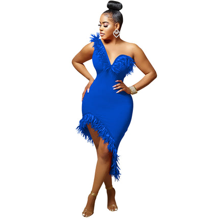 V-neck Sleeveless Chest Feather Evening Dress