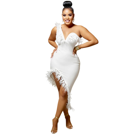 V-neck Sleeveless Chest Feather Evening Dress