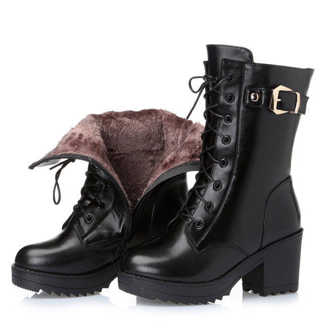 Women’s Leather Martin Boots - High Heel, Side Zipper, Winter