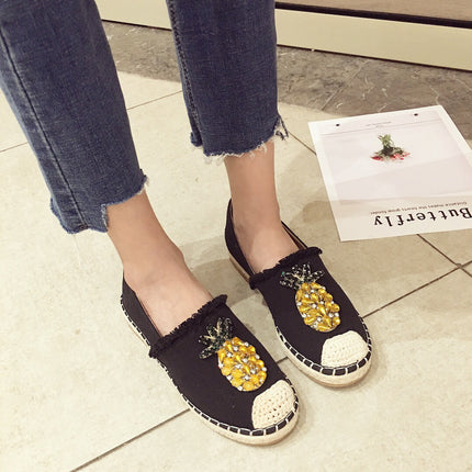 Pineapple Rhinestone Flats - Stylish Fabric Footwear with Low Heel
