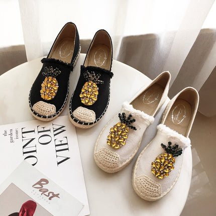 Pineapple Rhinestone Flats - Stylish Fabric Footwear with Low Heel