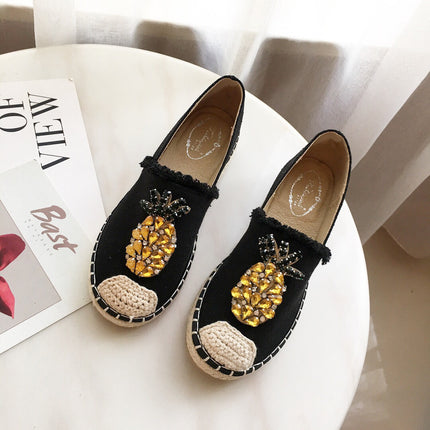 Pineapple Rhinestone Flats - Stylish Fabric Footwear with Low Heel