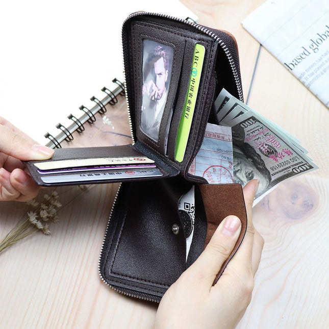 Men's Classic 2-Fold Card Wallet with Zipper & ID Slots