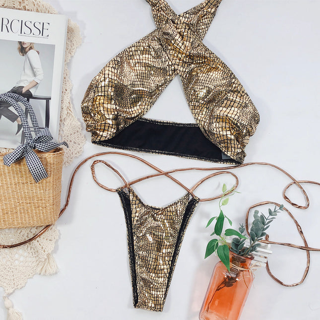 Sexy Snake Print Strappy Bikini Swimsuit