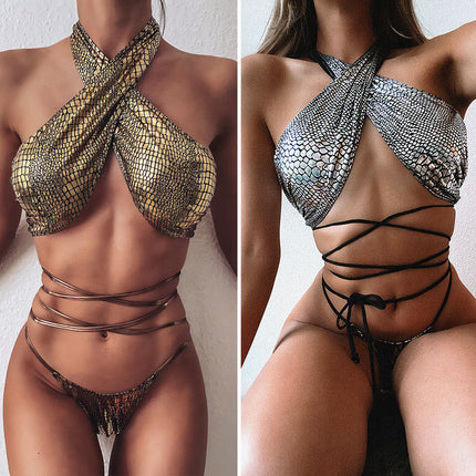 Maillot de bain bikini sexy à bretelles imprimé serpent