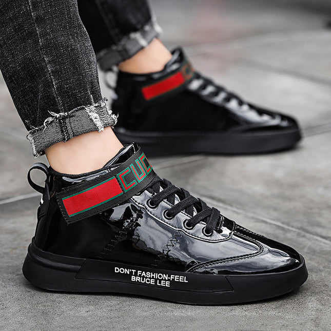 Men's Patent Leather High-Top Shoes with Mirror Panel