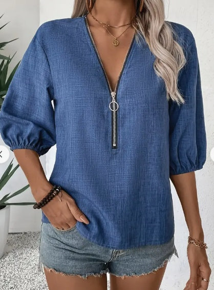 Elegant Deep V-Neck Zip-Up Blouse For Women