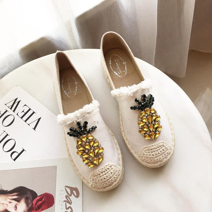 Pineapple Rhinestone Flats - Stylish Fabric Footwear with Low Heel