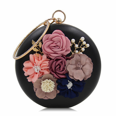 Elegant Red Round Leather Clutch with Floral Design
