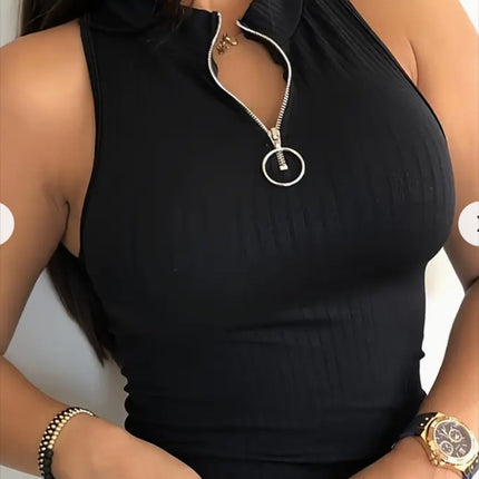 Solid Color Zip Sleeveless Top
