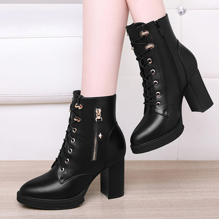 Women's British Style Autumn/Winter High Heel Boots, Leather