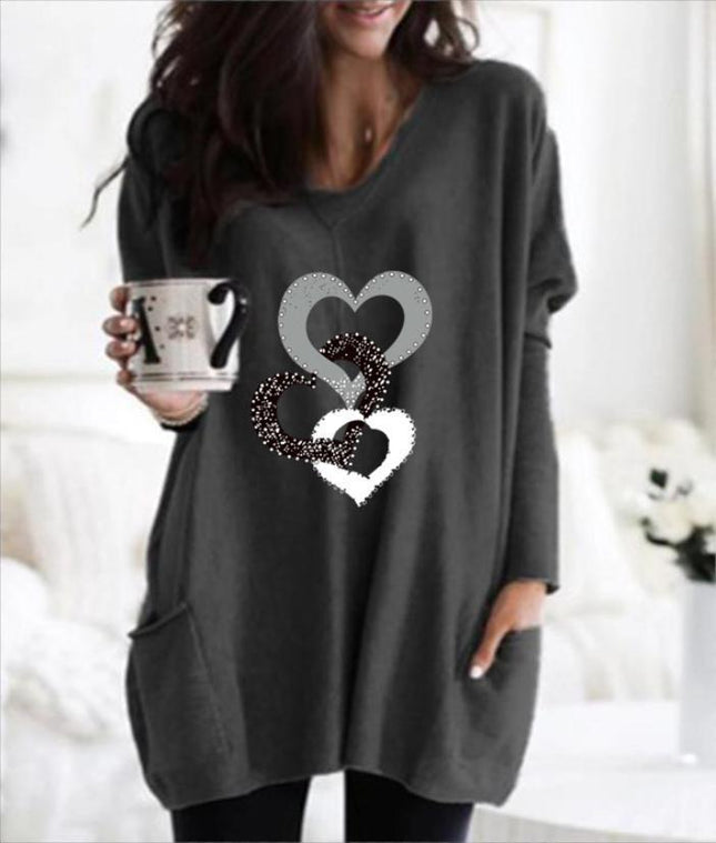 Women's Printed Pocket Round Neck Mid-Length Dress