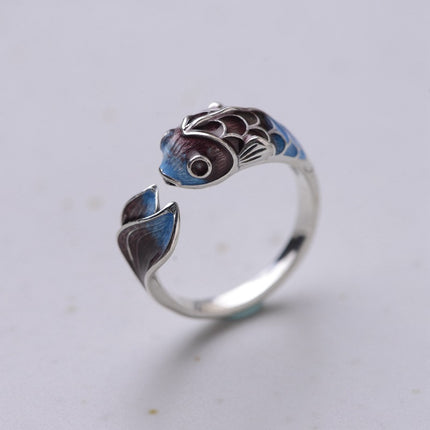 Silver Retro Blue Koi Fish Ring