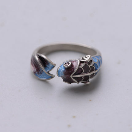 Silver Retro Blue Koi Fish Ring