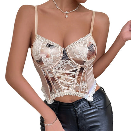 Camisole en dentelle à petits bords en satin imprimé et à lacets croisés