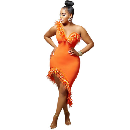 V-neck Sleeveless Chest Feather Evening Dress