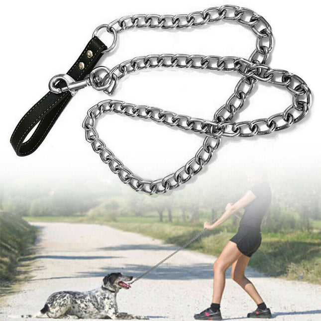 Durable metal chain dog lead with anti-chew design and comfortable grip for secure control.