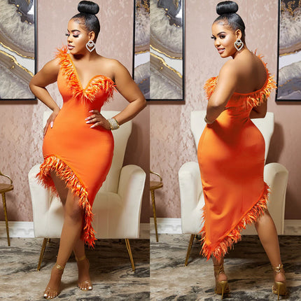 V-neck Sleeveless Chest Feather Evening Dress