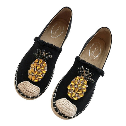 Pineapple Rhinestone Flats - Stylish Fabric Footwear with Low Heel