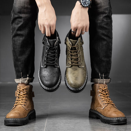 Men's Retro High-Top Martin Work Boots - Leather & PU, Vintage Style