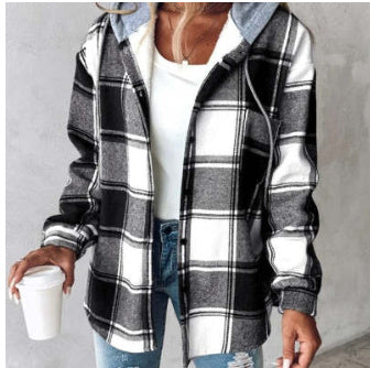 Women's Wear Solid Color Plaid Hooded Jacket
