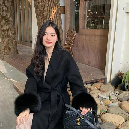 Cuff Detachable Fox Fur Elegant Double-sided Cashmere Coat