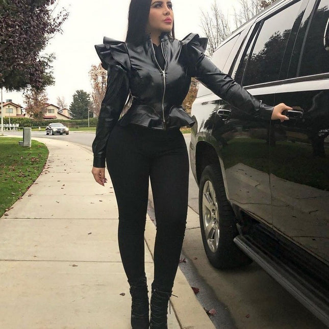 Casual Women's Ruffled Leather Jacket
