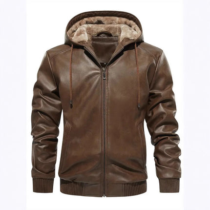 Men's Fleece-Lined Hooded Leather Coat