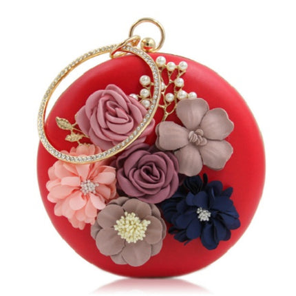 Pochette ronde élégante en cuir rouge avec motif floral