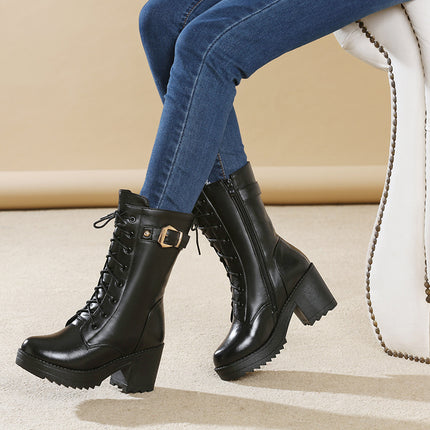 Women’s Leather Martin Boots - High Heel, Side Zipper, Winter