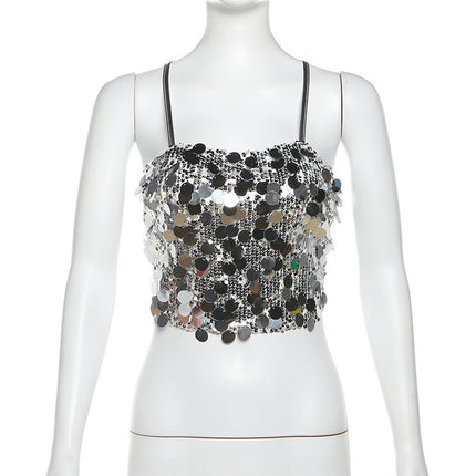 Sequined Sexy Halter Lace-Up Vest