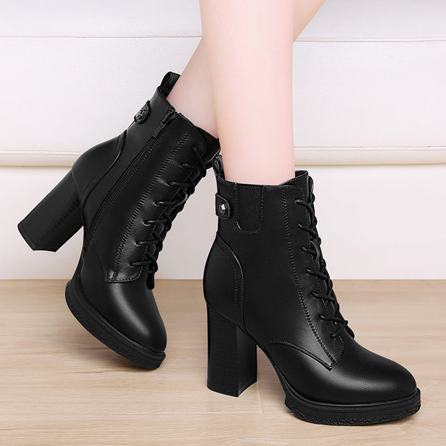 Women's British Style Autumn/Winter High Heel Boots, Leather