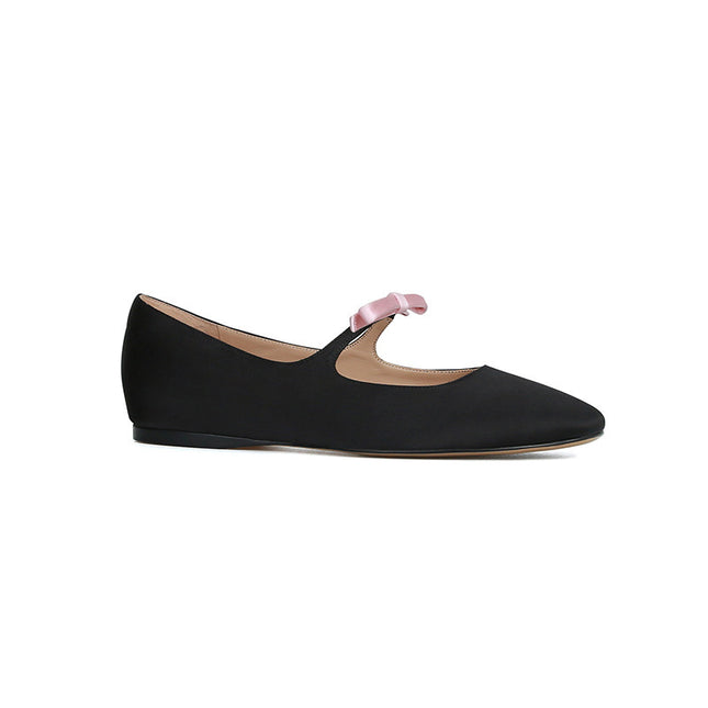 French Bow Low-Cut Ballet Flat Pumps for Women, Satin Mary Jane