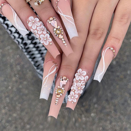 Long Ballet Gradient White Colorful Glitter Tender Girl Fake Nails