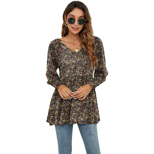 Long Puff Sleeve Floral V-Neck Blouse