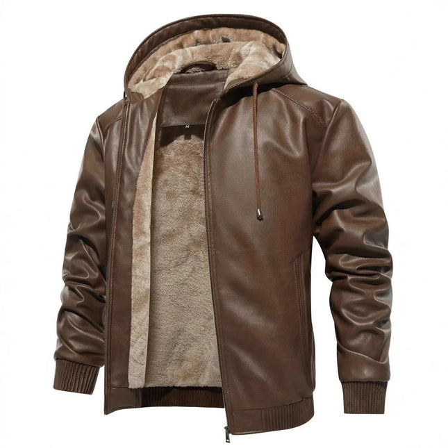 Men's Fleece-Lined Hooded Leather Coat