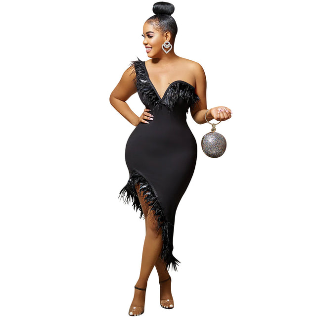 V-neck Sleeveless Chest Feather Evening Dress