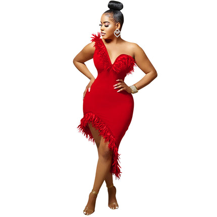 V-neck Sleeveless Chest Feather Evening Dress