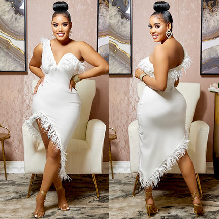 V-neck Sleeveless Chest Feather Evening Dress