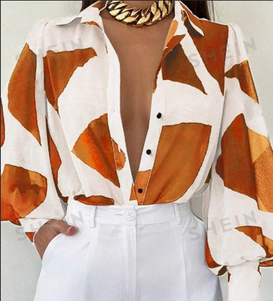 Geometric Print Lantern Sleeve Blouse