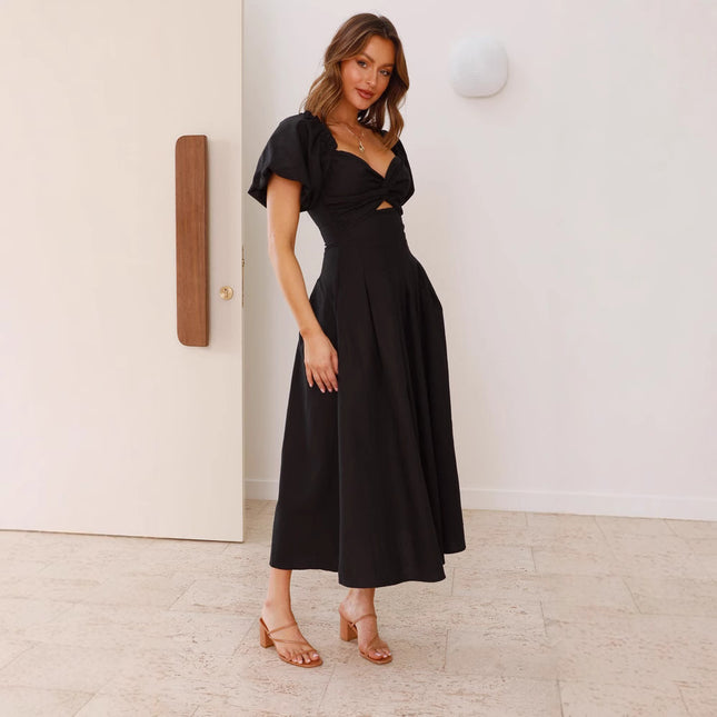 V-neck Long Puff Sleeve Dress