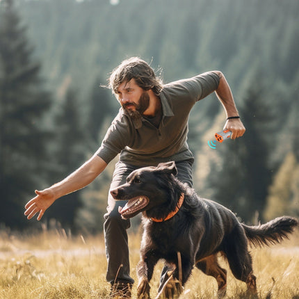Man training dog outdoors using a Three-Head Ultrasonic Dog Trainer.