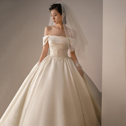 French White Off-shoulder Light Wedding Dress