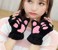 Gants demi-doigts en peluche pour étudiants automne et hiver en forme de patte de chat pour hommes et femmes