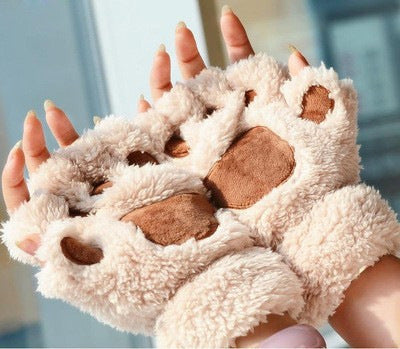 Gants demi-doigts en peluche pour étudiants automne et hiver en forme de patte de chat pour hommes et femmes