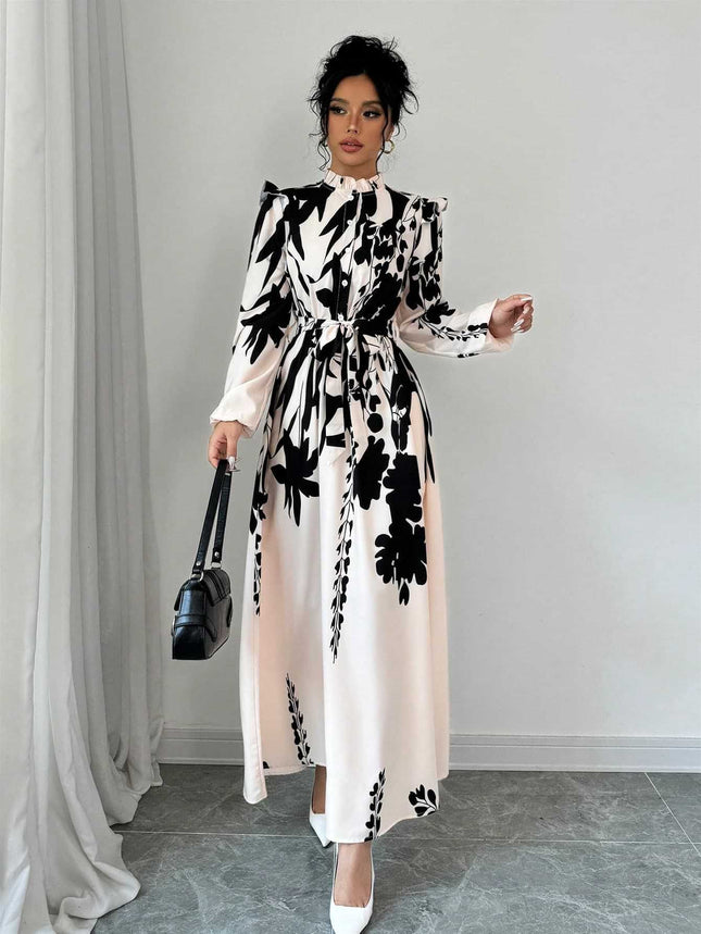 Flower Waist Long Sleeve A- Line Dress