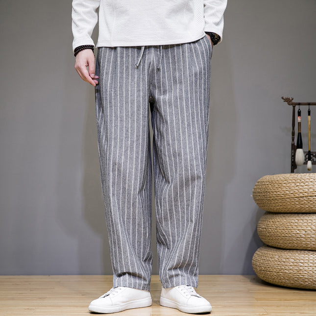 Cotton and Linen Chinese Style Men's Trend Stripes Loose Casual Pants