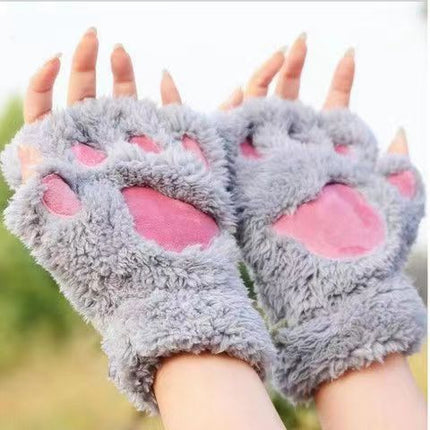 Gants demi-doigts en peluche pour étudiants automne et hiver en forme de patte de chat pour hommes et femmes
