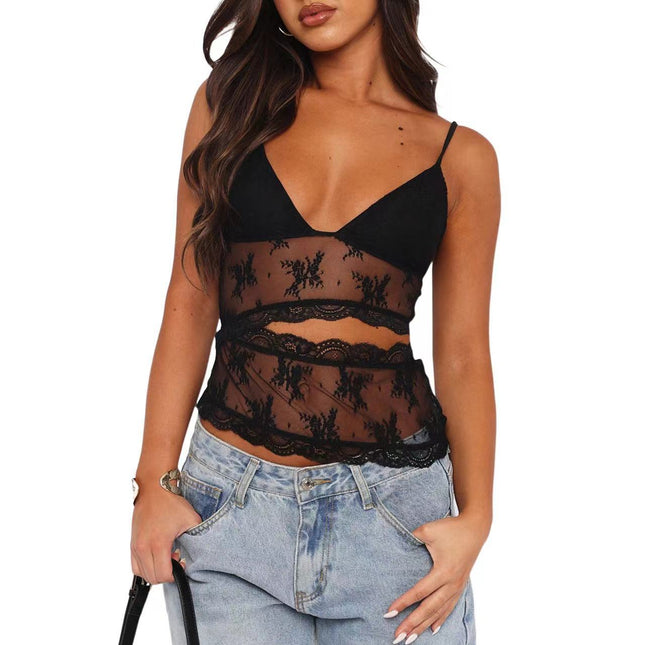 Lace Stitched Backless V Neck Tank Top