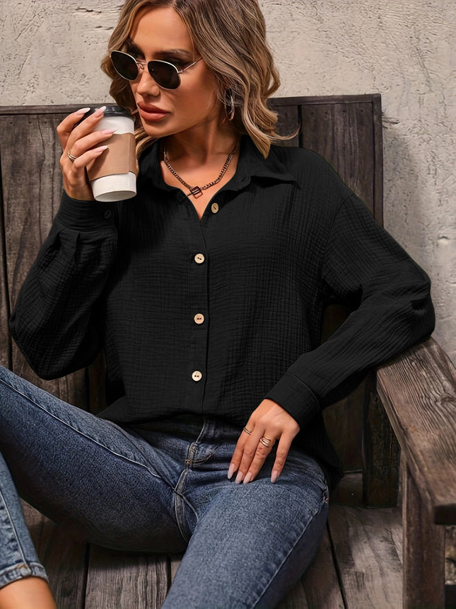 Women's Solid Color Front Button Drop Shoulder Shirt